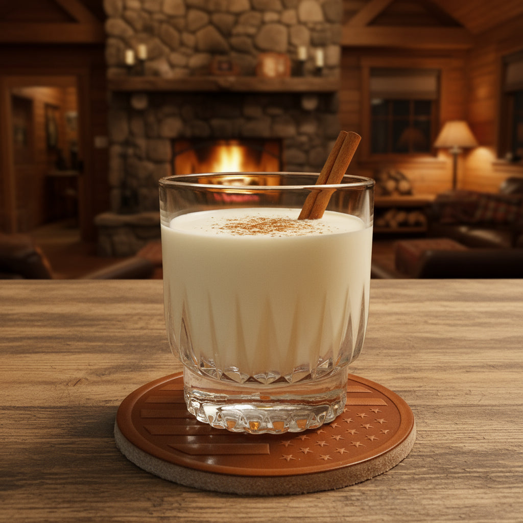 glass of eggnog on a patriotic coaster in a rustic cabin