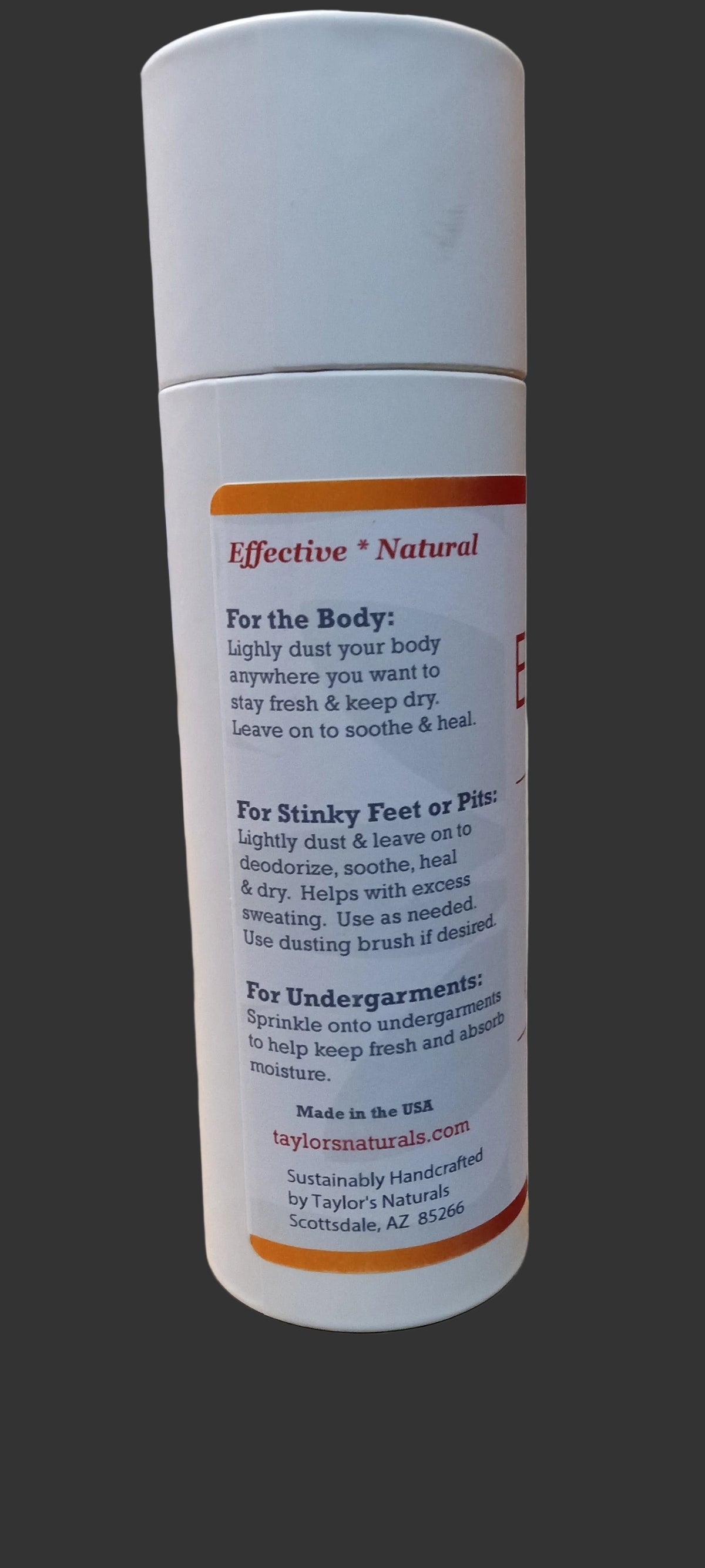 Product container with text on a wooden surface