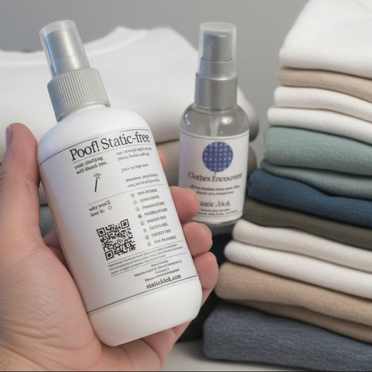 Hand holding a bottle of Poof! Static-Free spray next to folded clothes on a gray background