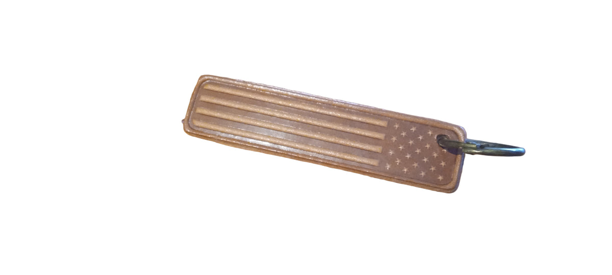 Clear plastic keychain with American flag design on a wooden surface