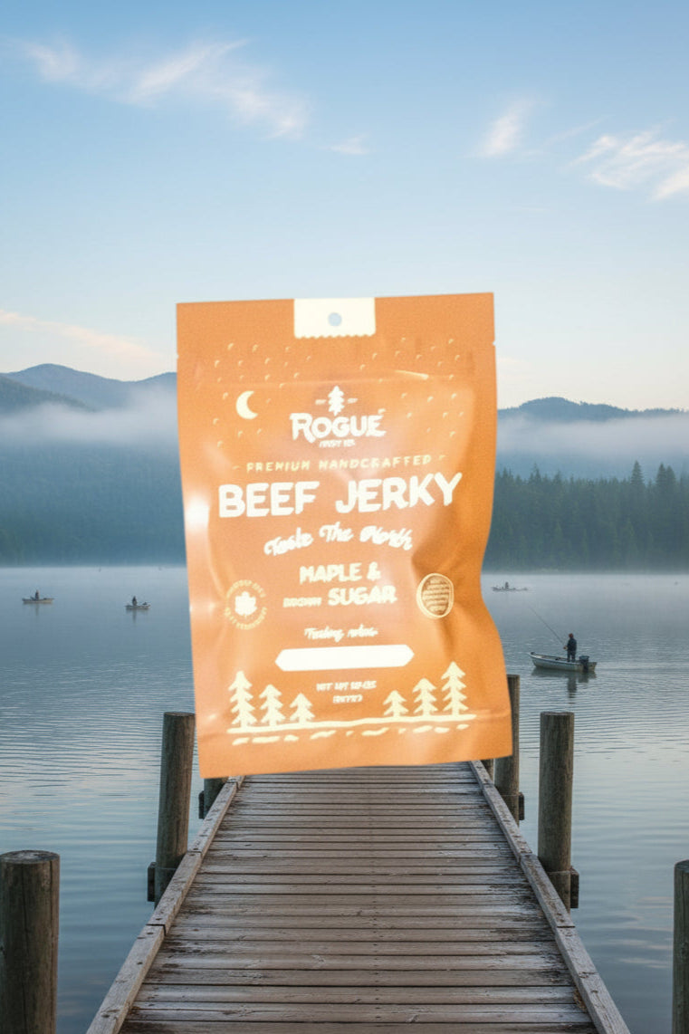 Packet of Beef Jerky on a lake