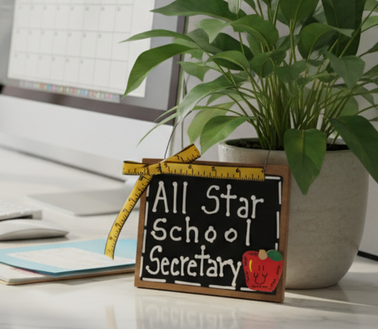 Decorative sign with 'All Star School Secretary' text and a smiley apple on a textured surface.