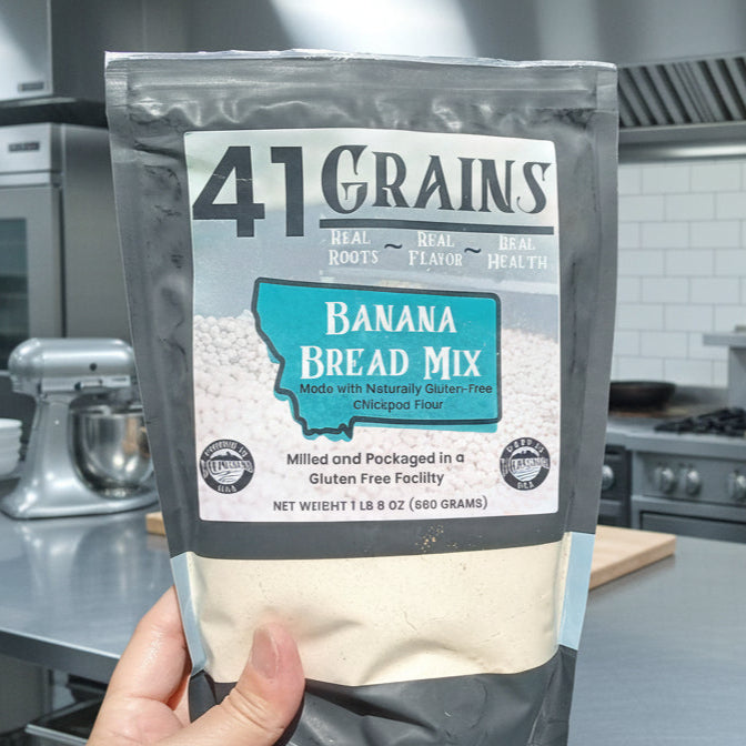 41 Grains Banana Bread Mix package held in a kitchen