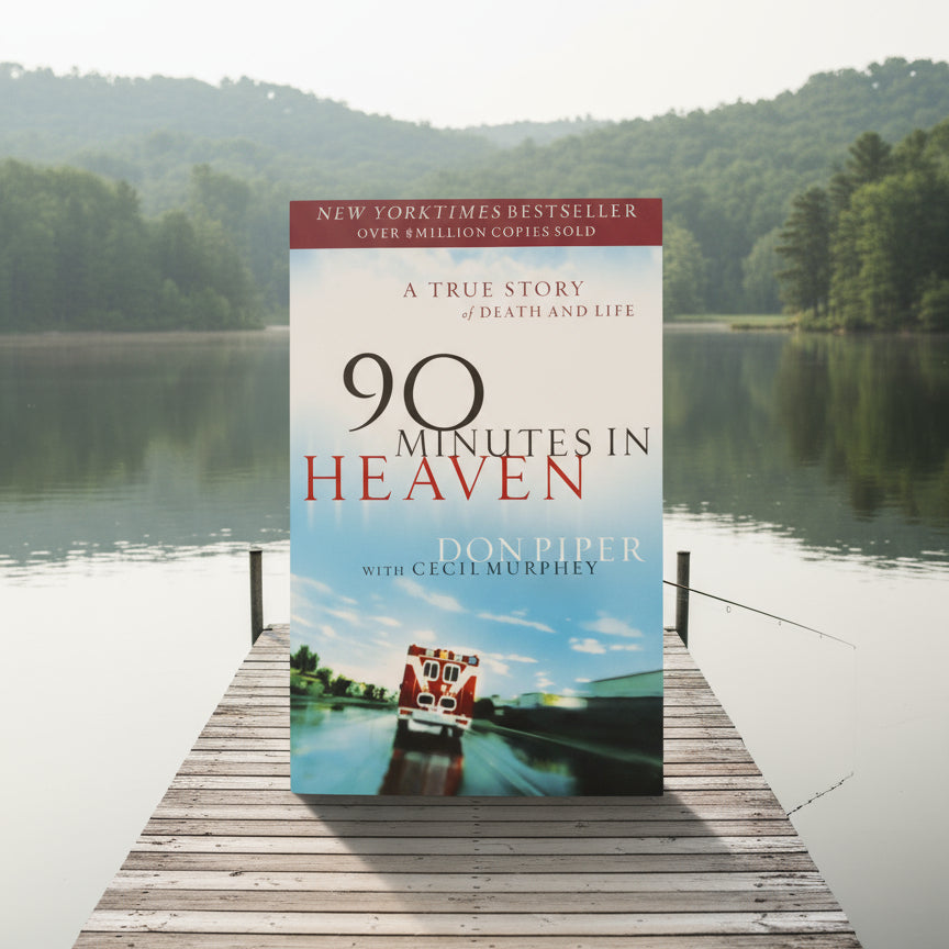 Book titled '90 Minutes in Heaven' by Don Piper on a dock with a lake and trees in the background