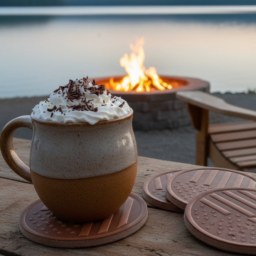 Mug of hot chocolate on American patriotic leather coasters.