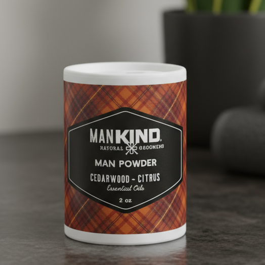 Mankind Man Powder container with plaid design on a white background