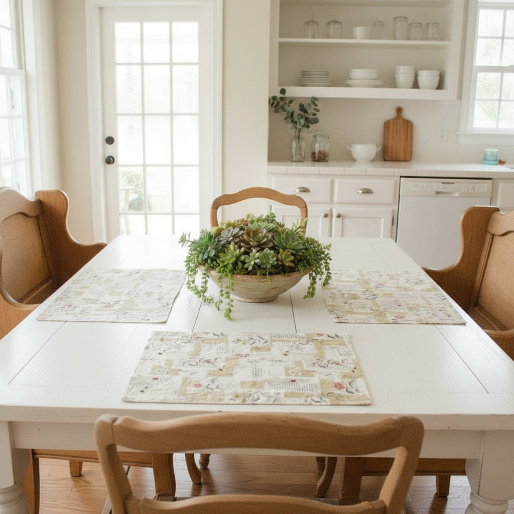 scripture placemats on a white table
