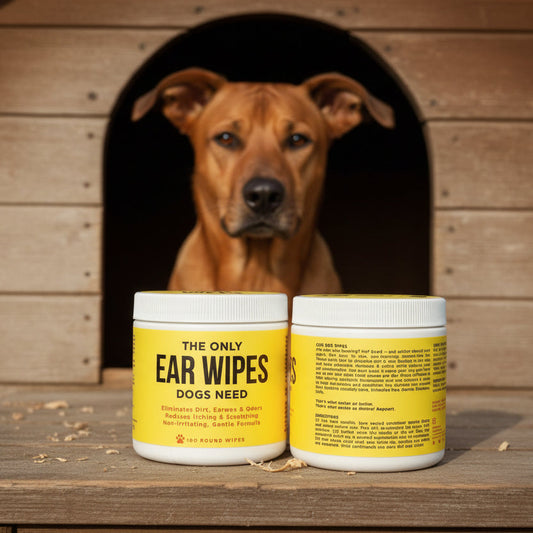 Two containers of ear wipes for dogs on a textured surface with a pink background.
