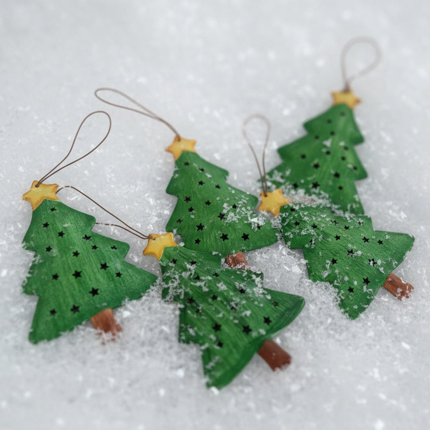 Green Christmas tree ornaments with star decorations on a white fabric background