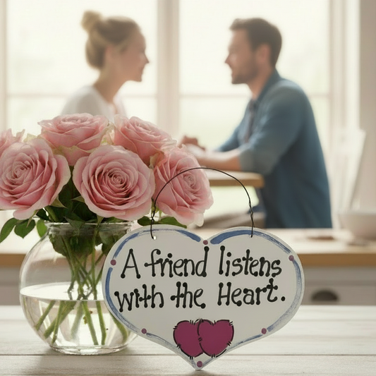 Heart-shaped sign with 'A friend listens with the Heart' text on a textured surface