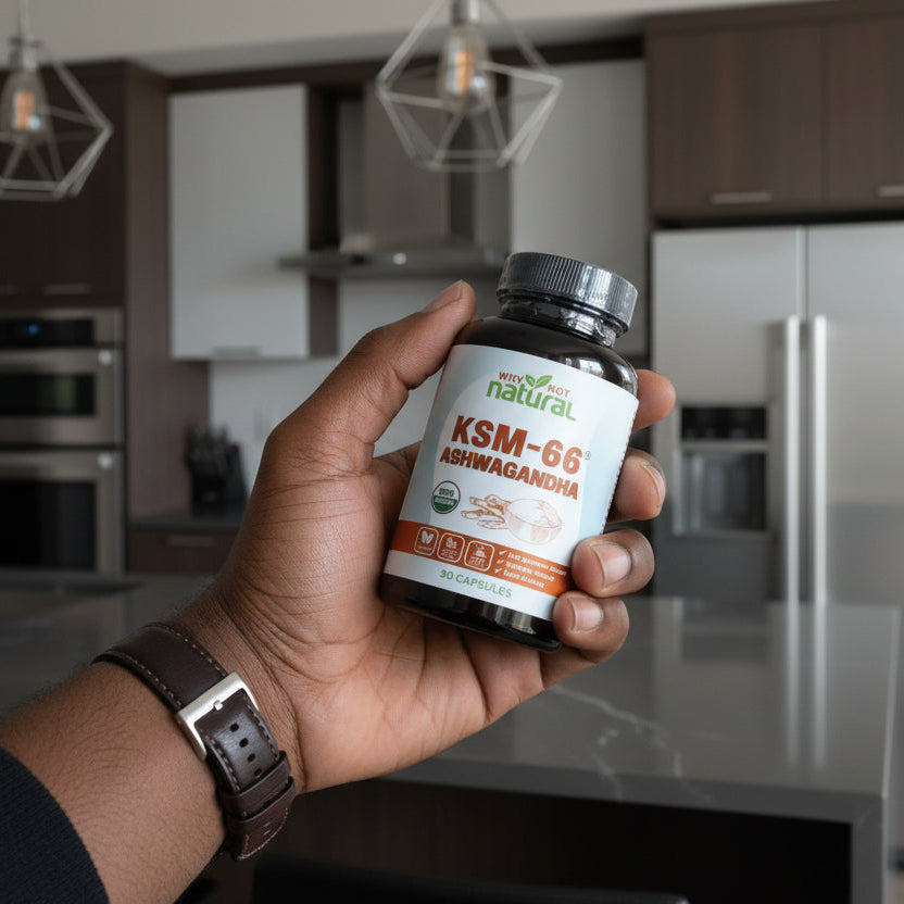 Hand holding a bottle labeled 'KSM-66' on a wooden surface
