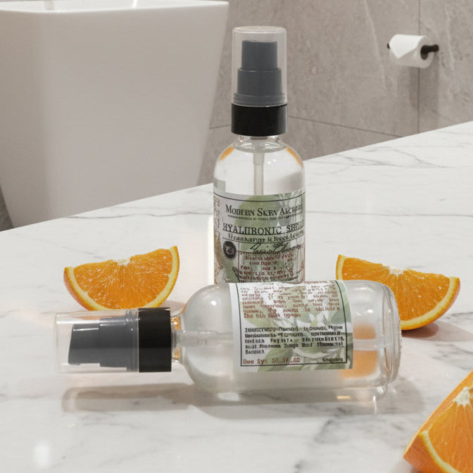Two small bottles with labels on a wooden surface