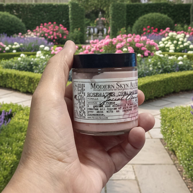 Hand holding a jar of Modern Skin cream against a neutral background