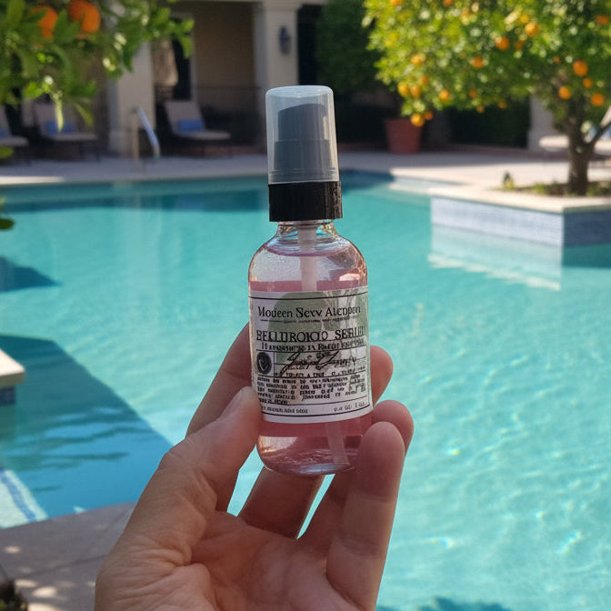Hand holding a small bottle with a pool and orange trees in the background