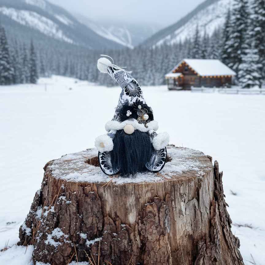 Gnome figurine on a snow-covered tree stump with a mountainous landscape in the background