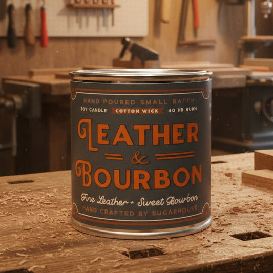 Candle can labeled 'Leather & Bourbon' on a wooden surface with workshop background
