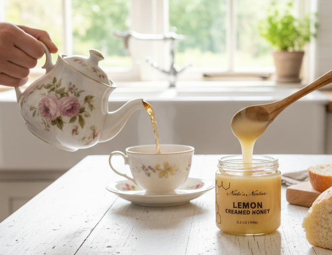 Jar of lemon creamed honey with a wooden spoon and bread in the background