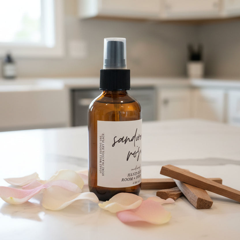 Brown spray bottle with a label on a kitchen counter with rose petals and wooden sticks.