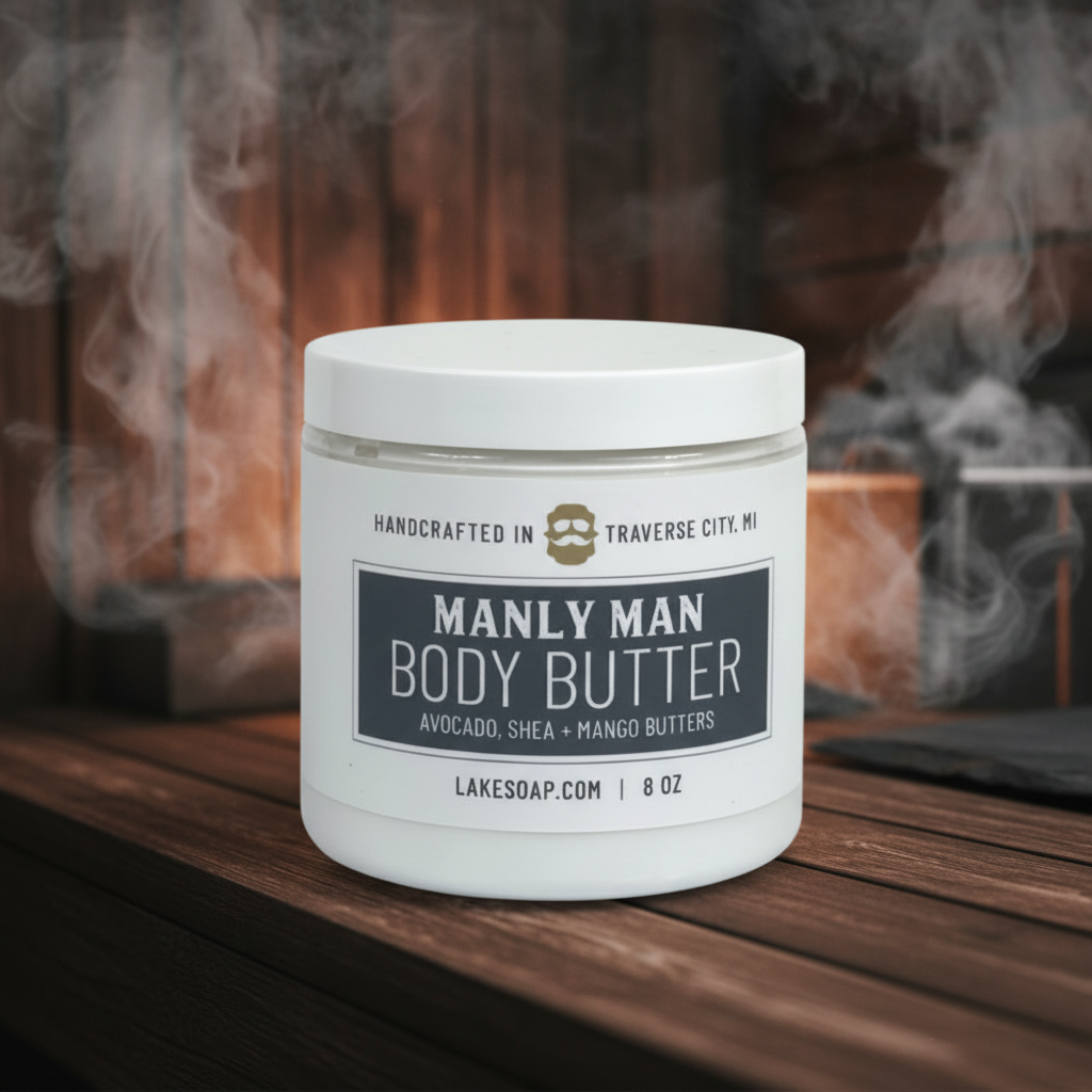 Manly Man Body Butter jar with label on a white background