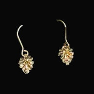 Gold earrings on a black stand with a white background