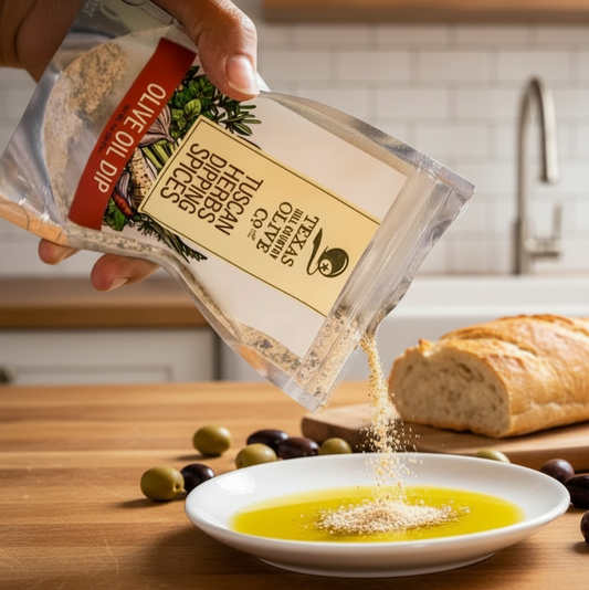 Hand pouring a seasoning packet into a ceramic container with a blurred background