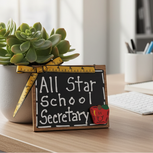 Desk with computer, keyboard, mouse, and decorative sign reading 'All Star School Secretary'.