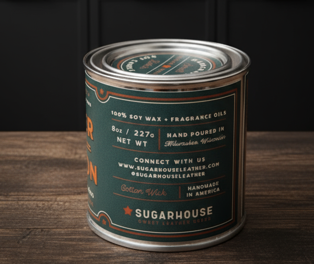 Candle canister with 'Sugarhouse' branding on a wooden surface in a kitchen setting