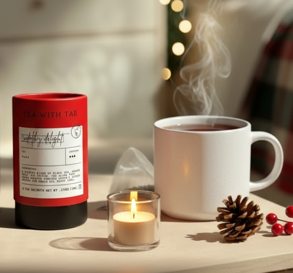 Red tea canister labeled 'Tea with Tae' on a neutral background