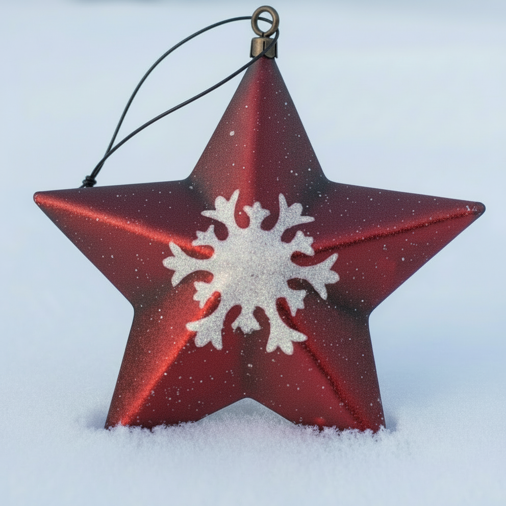 Red star-shaped ornament with a white snowflake design on a textured surface