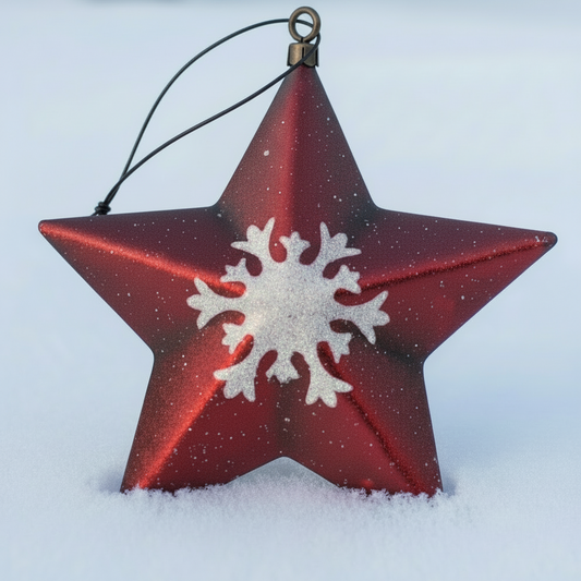 Red star-shaped ornament with a white snowflake design on a textured surface