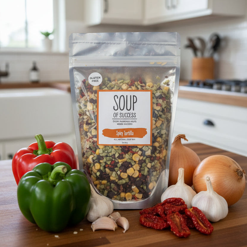 Package of soup mix on a stone surface with a blurred background
