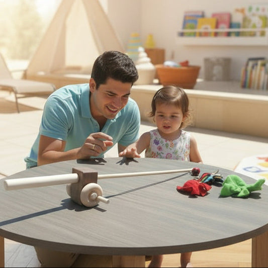 Dad and child look at toy wooden fishing pole