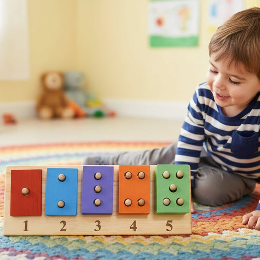 Child playing with a colorful wooden counting toy in a nursery setting