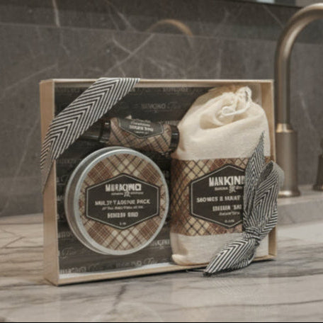 Mankind Bourbon Wood Gift Set on bathroom counter