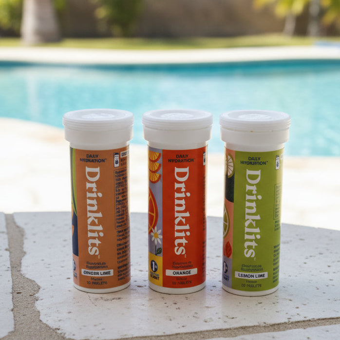 Three bottles of Drinklits on a dark surface