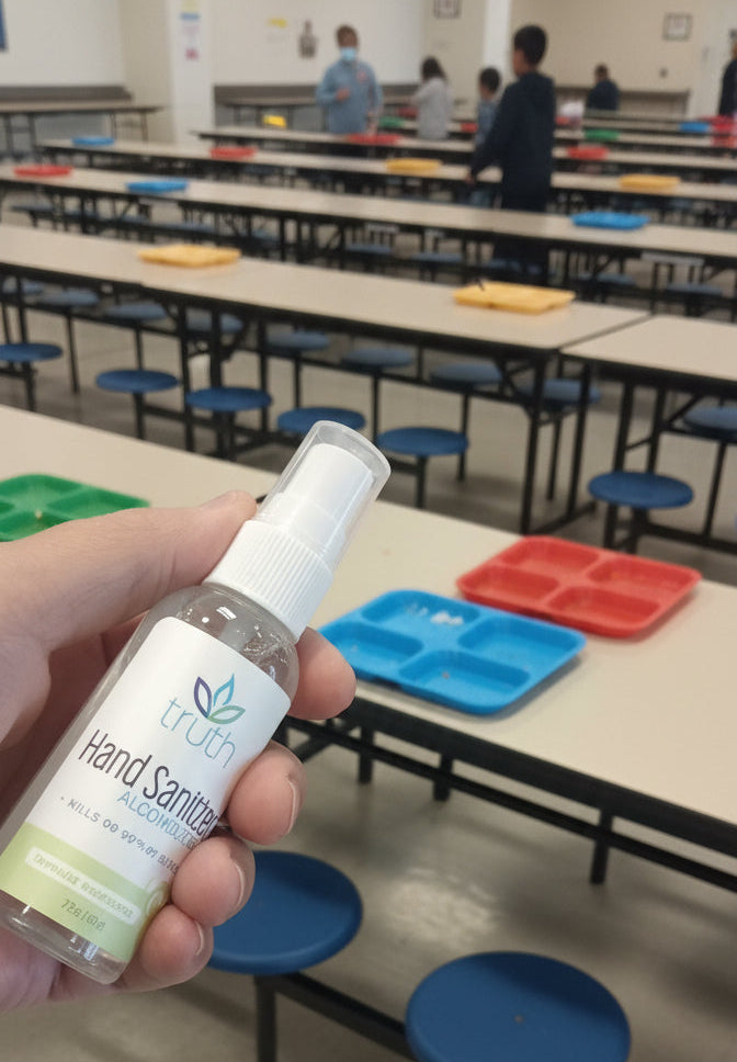 Hand holding a small spray bottle labeled 'Earth Soap' on a dark surface