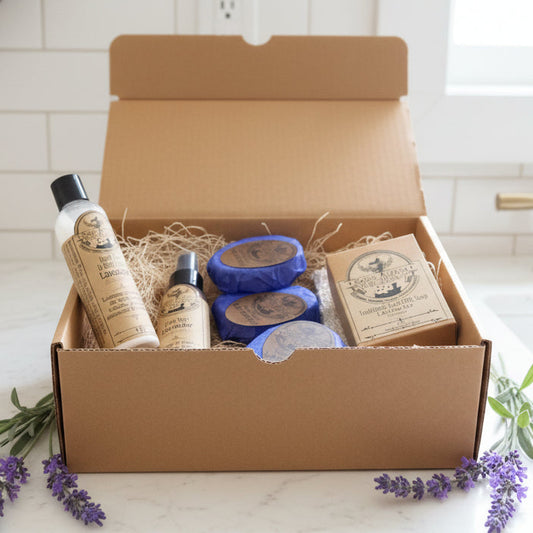 Hand holding a bottle of soap with a box of soaps and products in the background