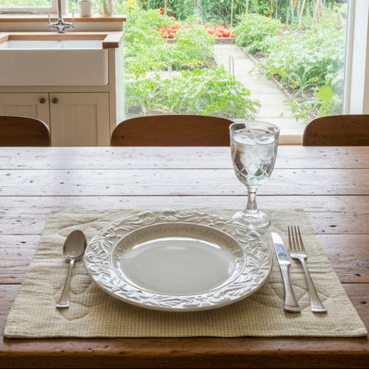 Kitchen with wooden dining table set for a meal, large window showing garden view.