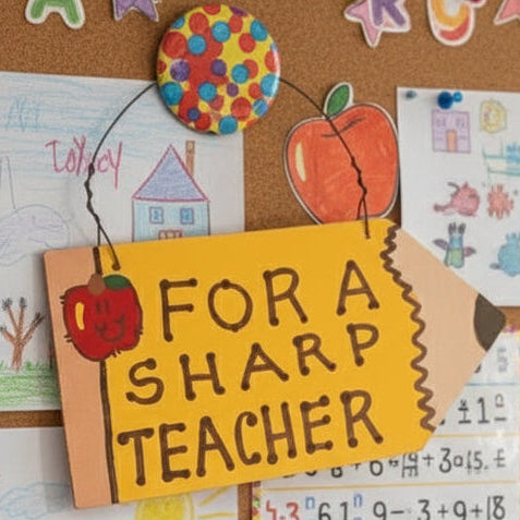 Hand holding a small wooden sign with 'For a Sharp Teacher' text and an apple illustration.
